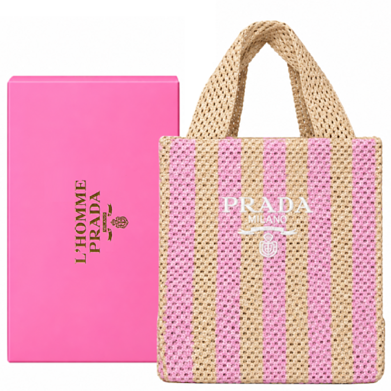 Prada da Large Raffia Logo Tote กระเป๋าถักสีชมพูน้ำตาล